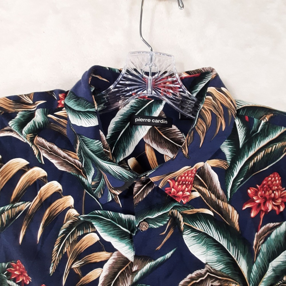 Pierre Cardin Hawaii Mens XXL Tropical Palm Leaf Floral Button Shirt Navy Blue